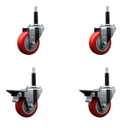 Service Caster 3.5'' Red Poly Wheel Swivel 3/4'' Expanding Stem Caster Set 2 Brakes, 4PK SCC-EX20S3514-PPUB-RED-2-PLB-2-34